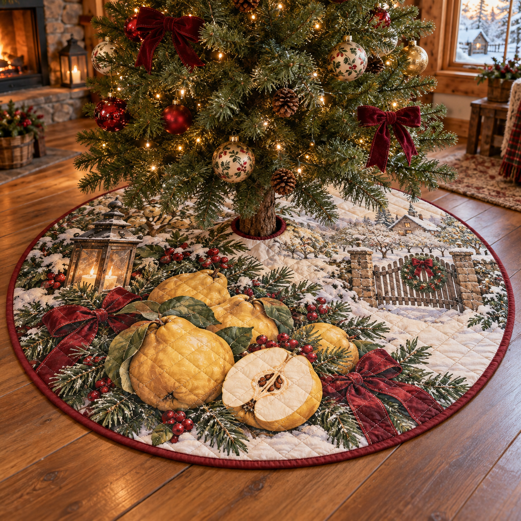 Holiday Quince Quilted Christmas Tree Skirt — digital product visualization