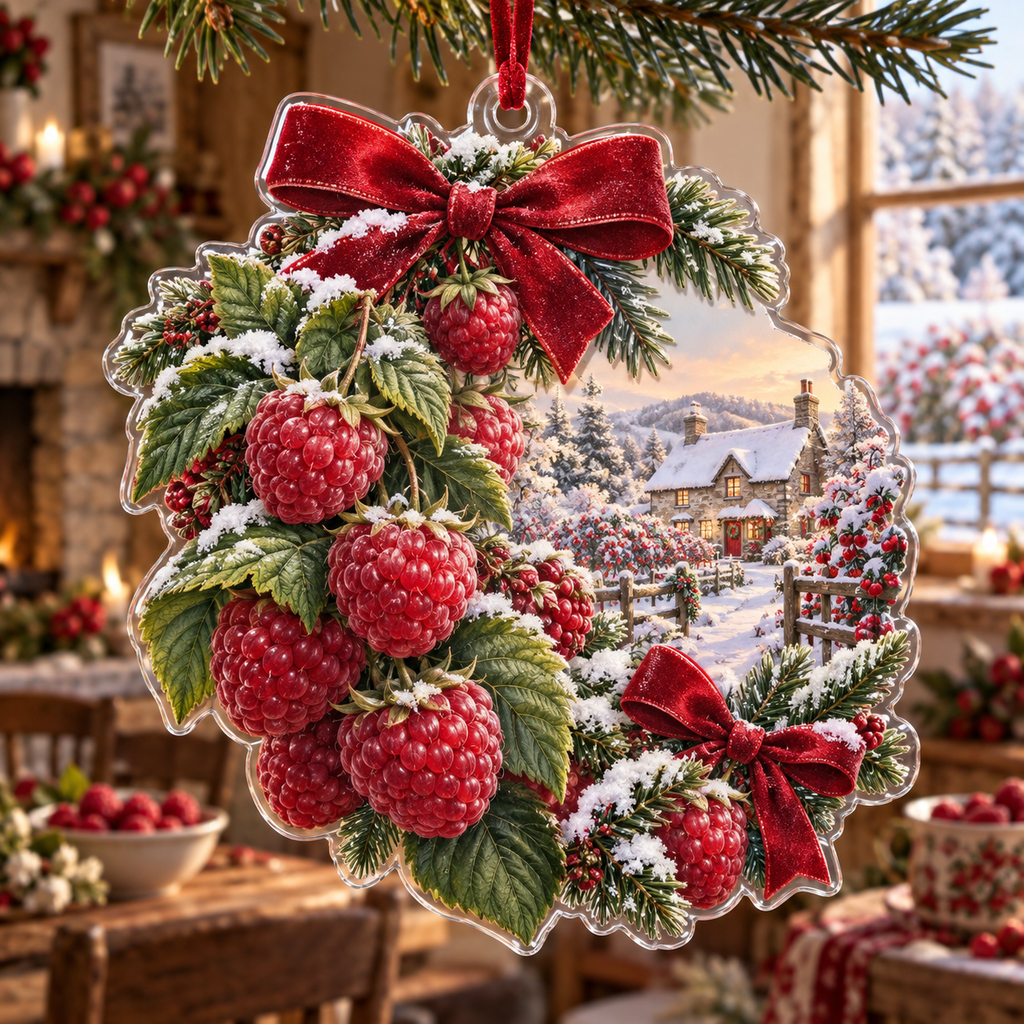 Holiday Raspberry Acrylic Christmas Ornament — digital product visualization