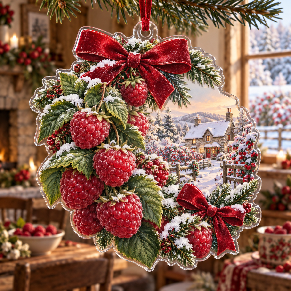 Holiday Raspberry Acrylic Christmas Ornament — digital product visualization