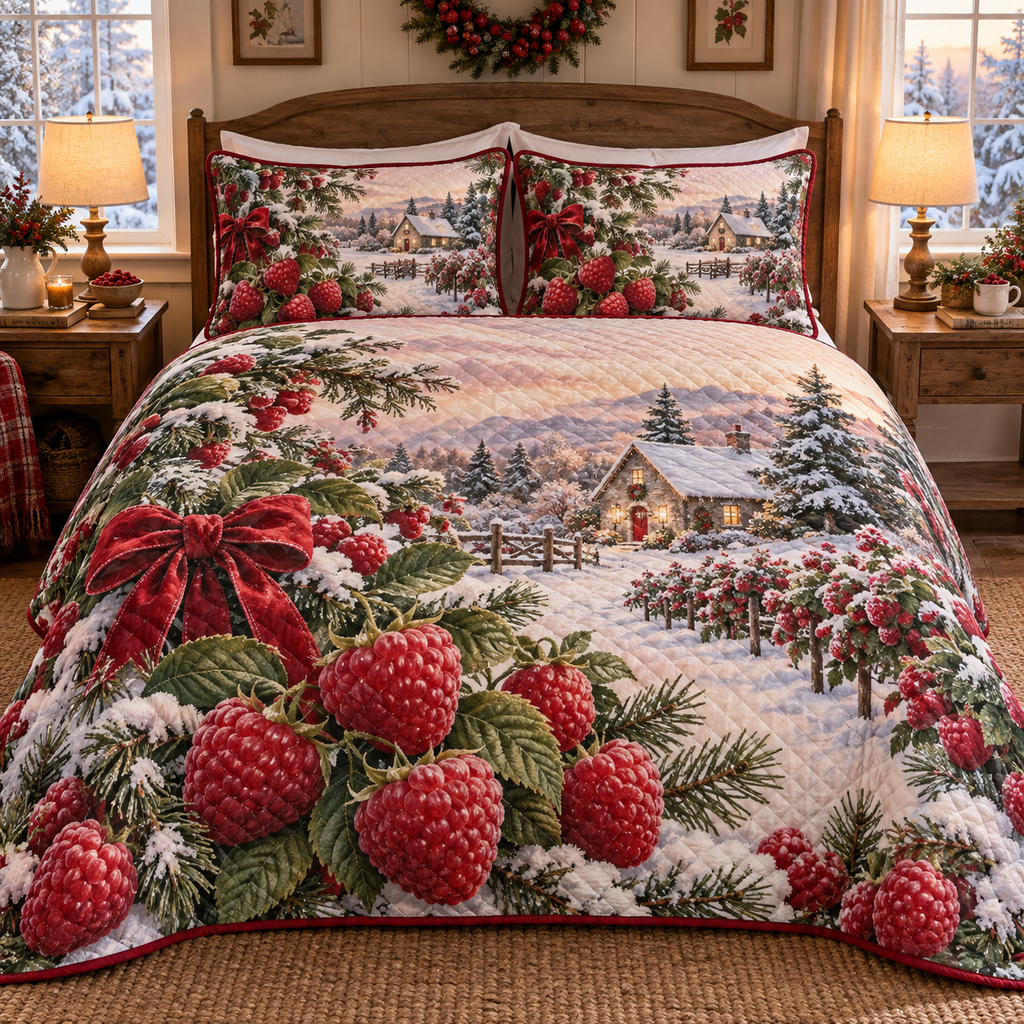 Holiday Raspberry Christmas 3-Piece Quilted Bedding Set — digital product visualization