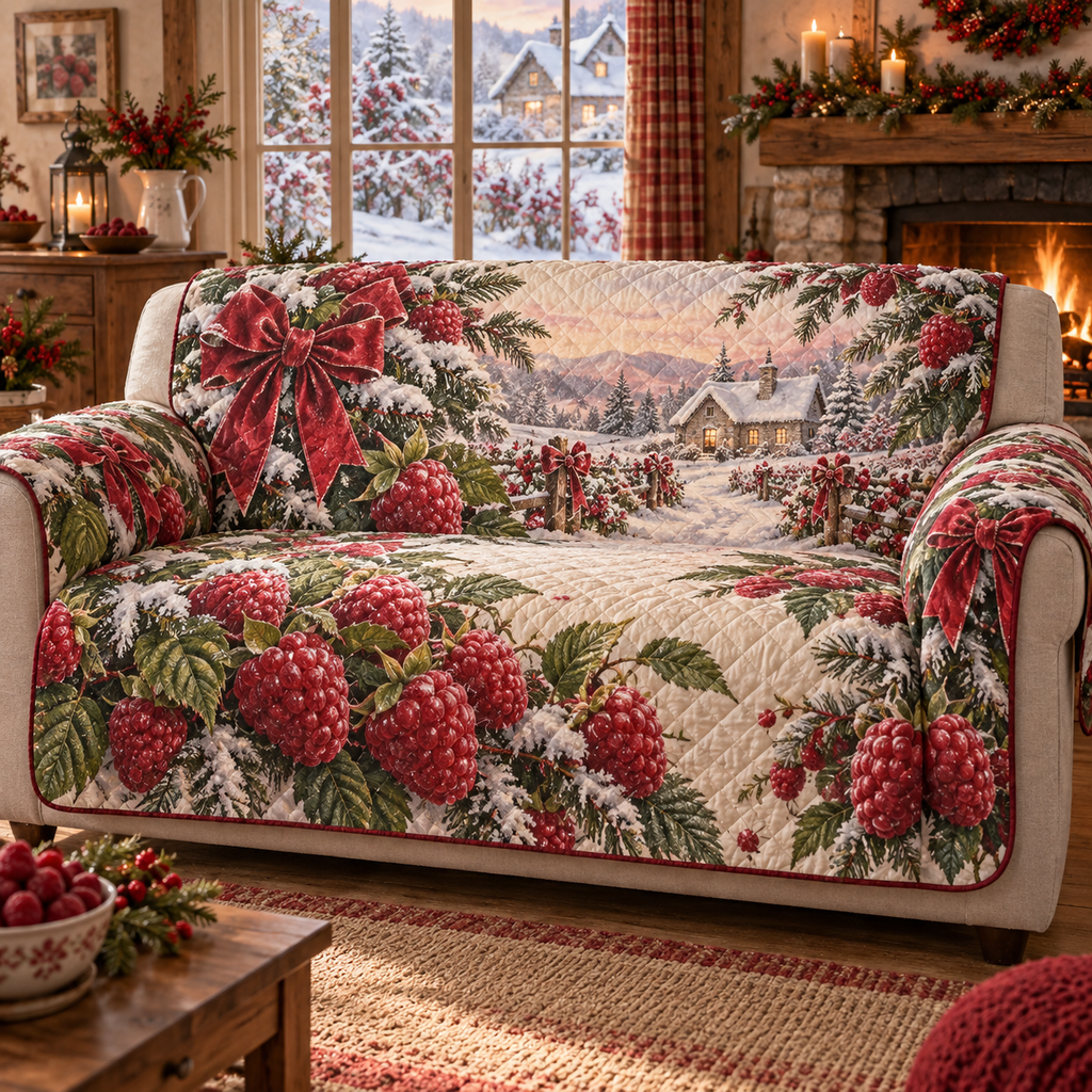 Holiday Raspberry Christmas Quilted Sofa Cover — digital product visualization