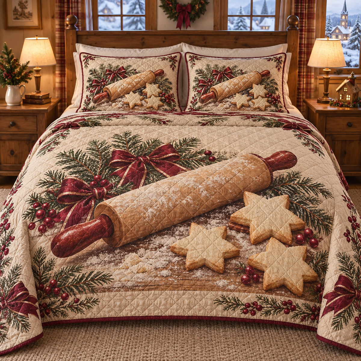 Holiday Rolling Pin Christmas 3-Piece Quilted Bedding Set — digital product visualization