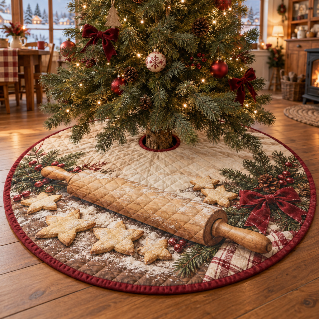 Holiday Rolling Pin Quilted Christmas Tree Skirt — digital product visualization