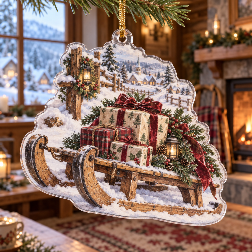 Holiday Sled Acrylic Christmas Ornament — digital product visualization
