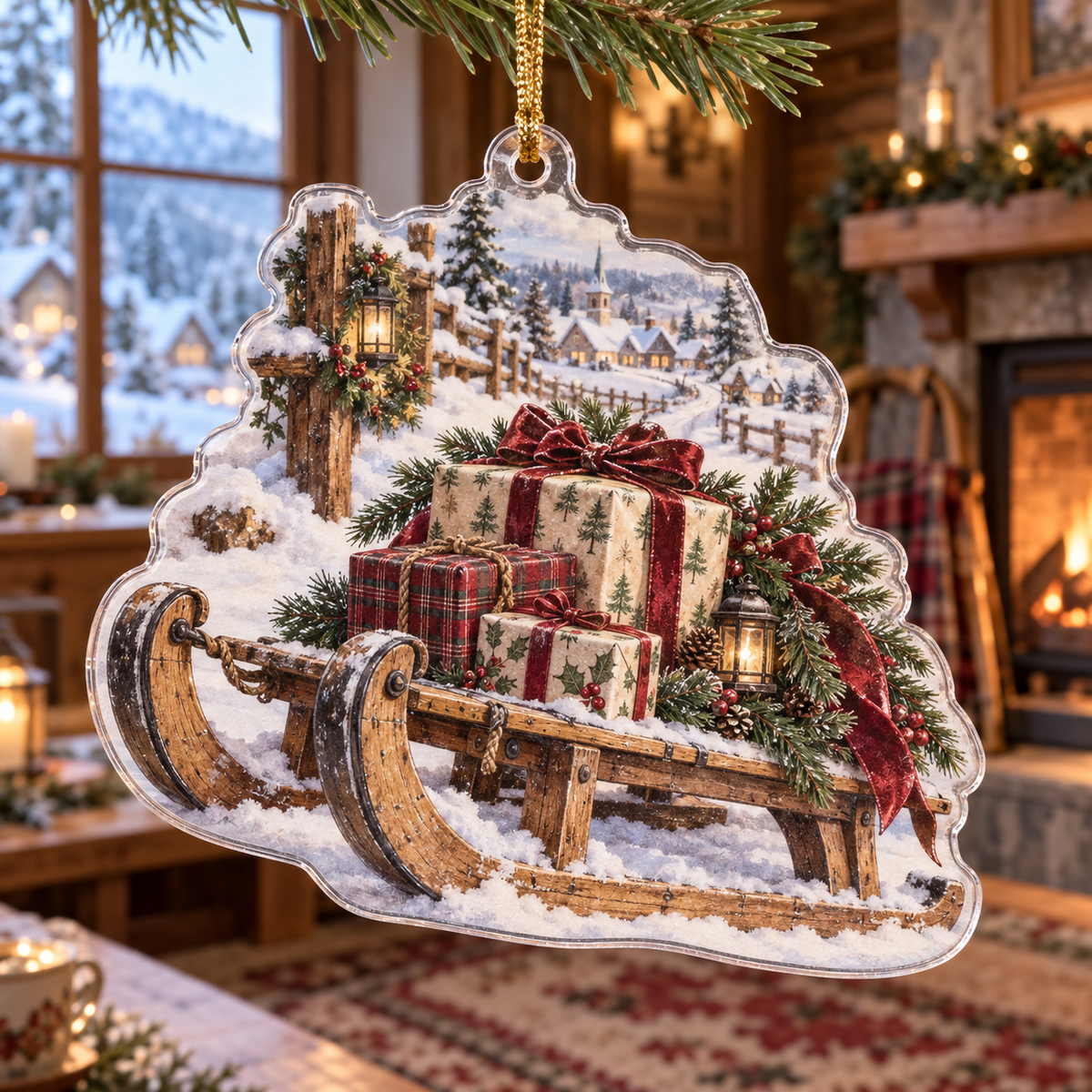 Holiday Sled Acrylic Christmas Ornament — digital product visualization