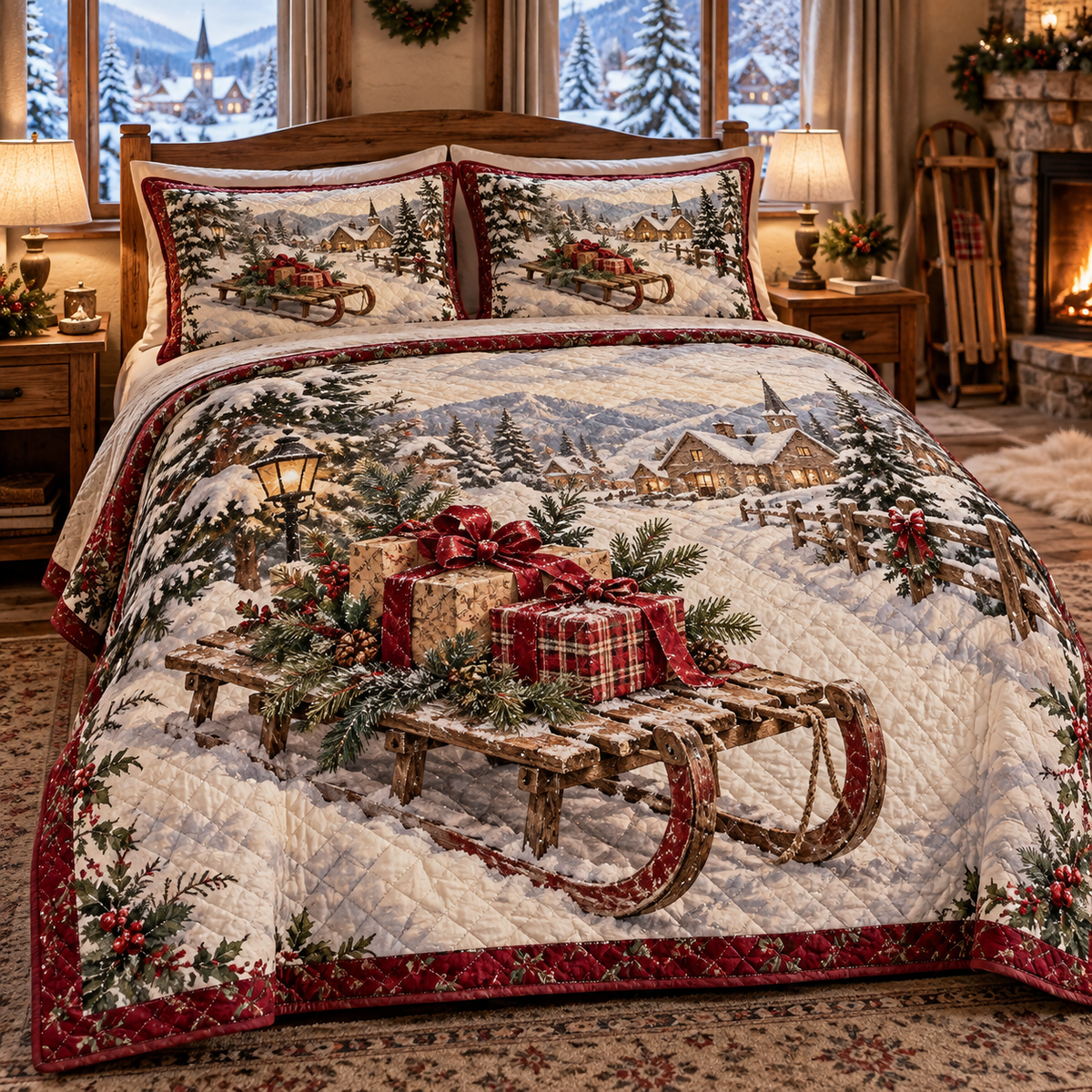 Holiday Sled Christmas 3-Piece Quilted Bedding Set — digital product visualization