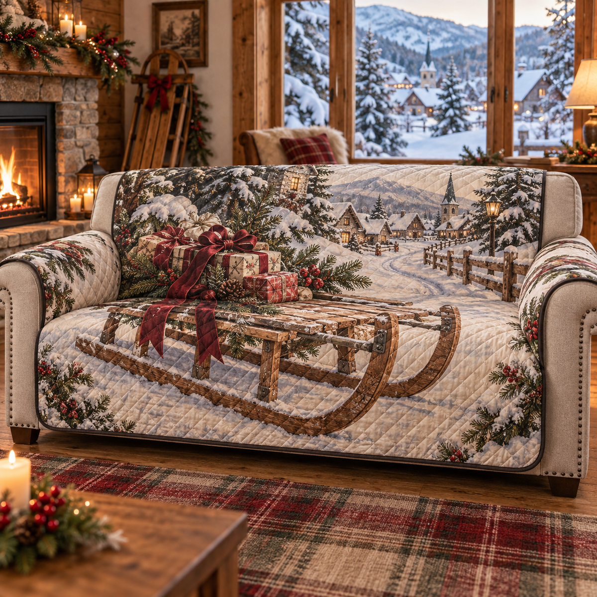 Holiday Sled Christmas Quilted Sofa Cover — digital product visualization