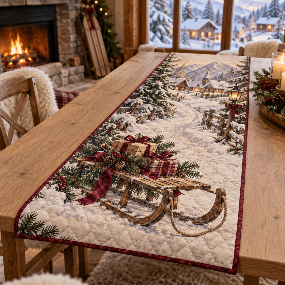 Holiday Sled Christmas Quilted Table Runner — digital product visualization