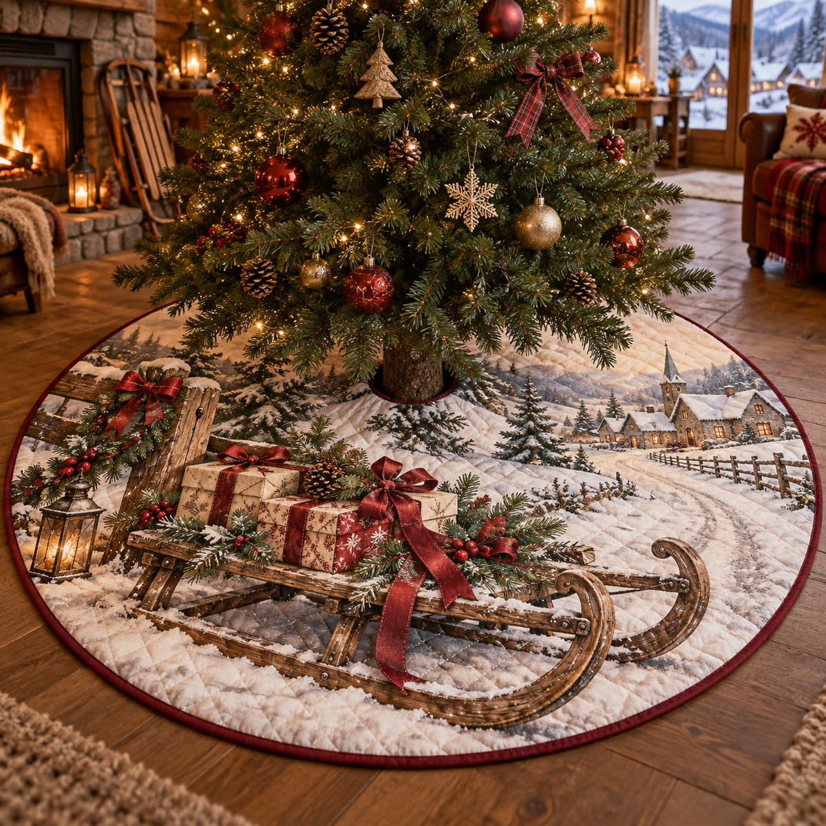 Holiday Sled Quilted Christmas Tree Skirt — digital product visualization