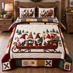 Holiday Sleigh Gnomes quilted 3-piece bedding set on a made bed in a winter-styled bedroom