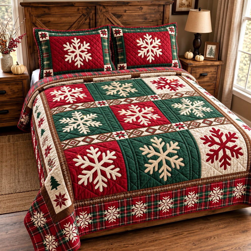 Holiday Snowflake quilted 3-piece bedding set on a made bed in a winter-styled bedroom