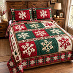 Holiday Snowflake quilted 3-piece bedding set on a made bed in a winter-styled bedroom