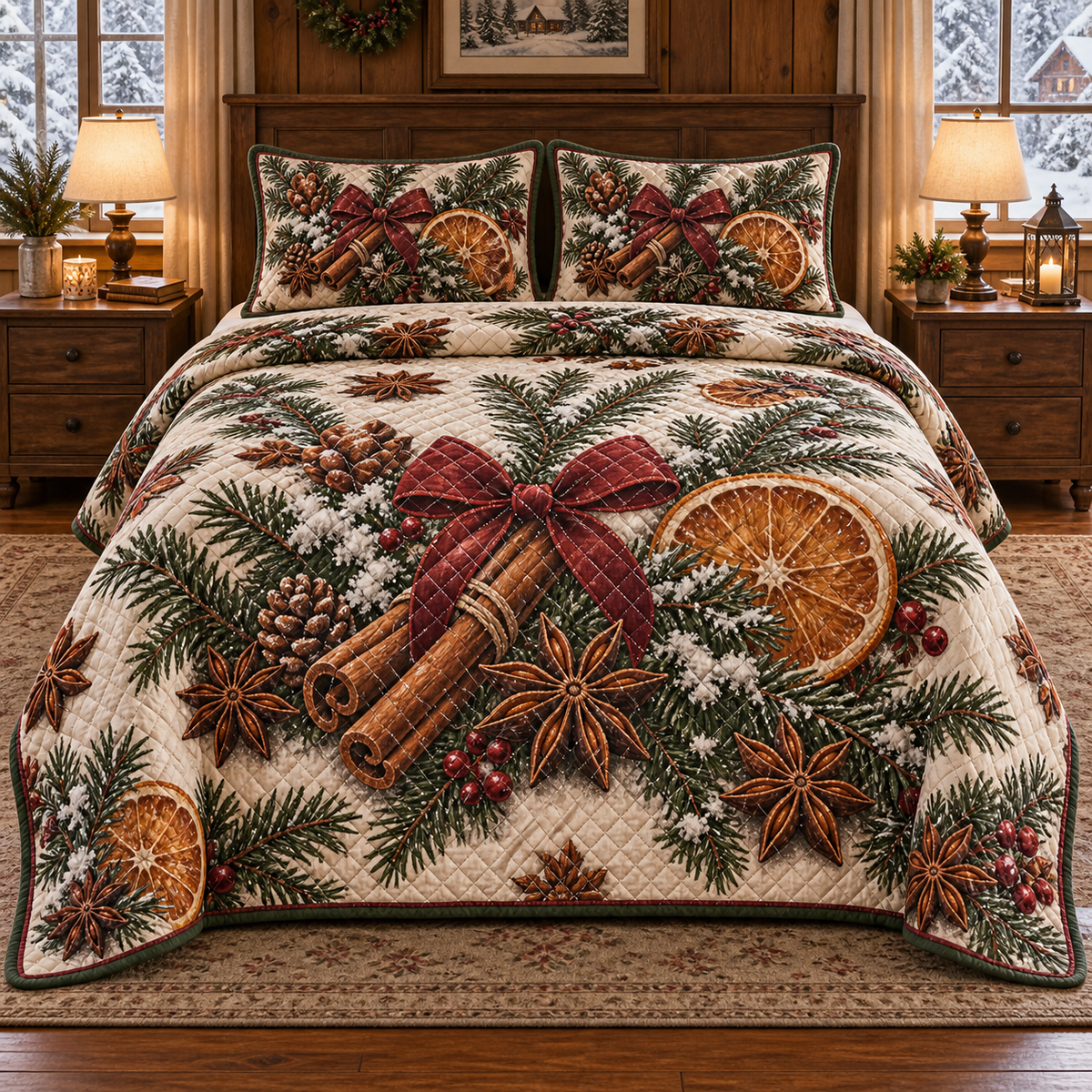 Holiday Star Anise Christmas 3-Piece Quilted Bedding Set — digital product visualization