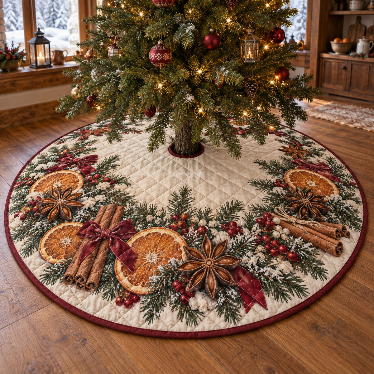 Holiday Star Anise Quilted Christmas Tree Skirt — digital product visualization