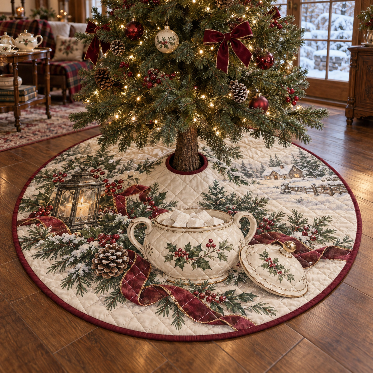 Holiday Sugar Bowl Quilted Christmas Tree Skirt — digital product visualization