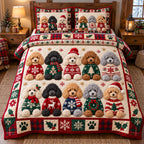 Holiday Sweater Poodles quilted 3-piece bedding set on a made bed in a winter-styled bedroom