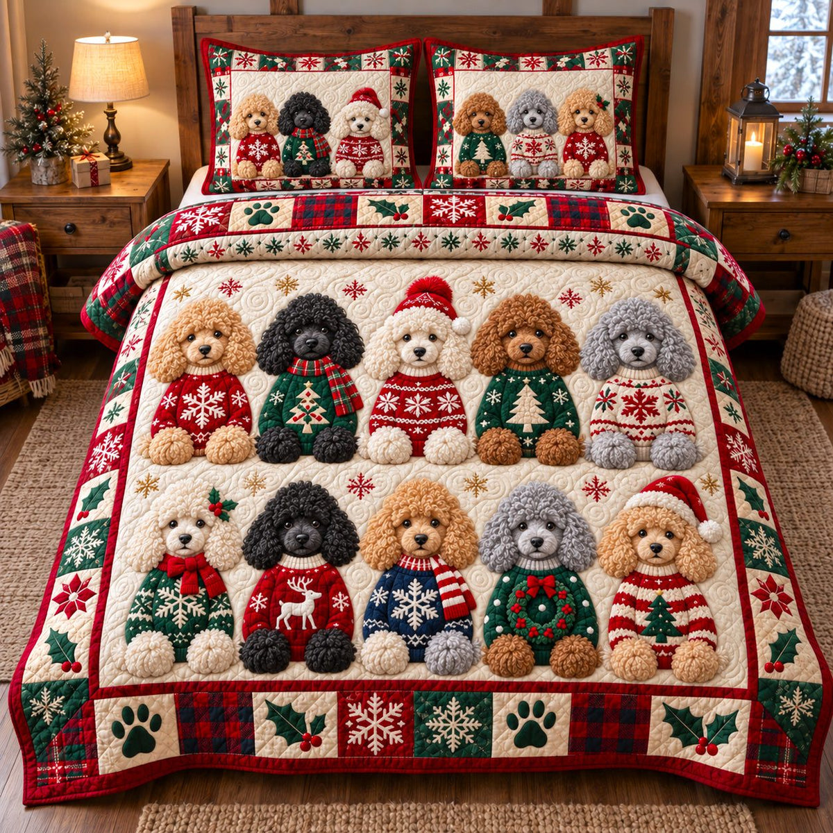 Holiday Sweater Poodles quilted 3-piece bedding set on a made bed in a winter-styled bedroom