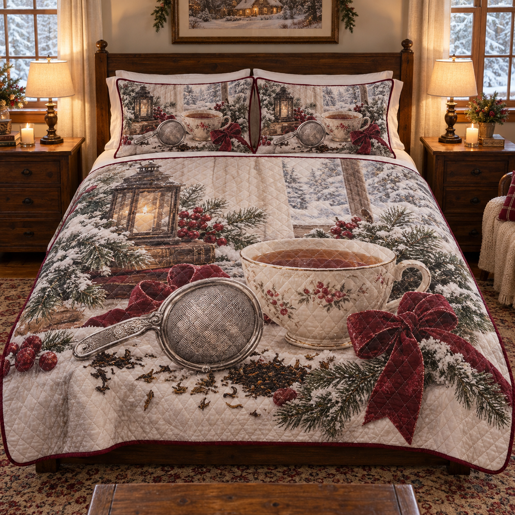 Holiday Tea Strainer Christmas 3-Piece Quilted Bedding Set — digital product visualization
