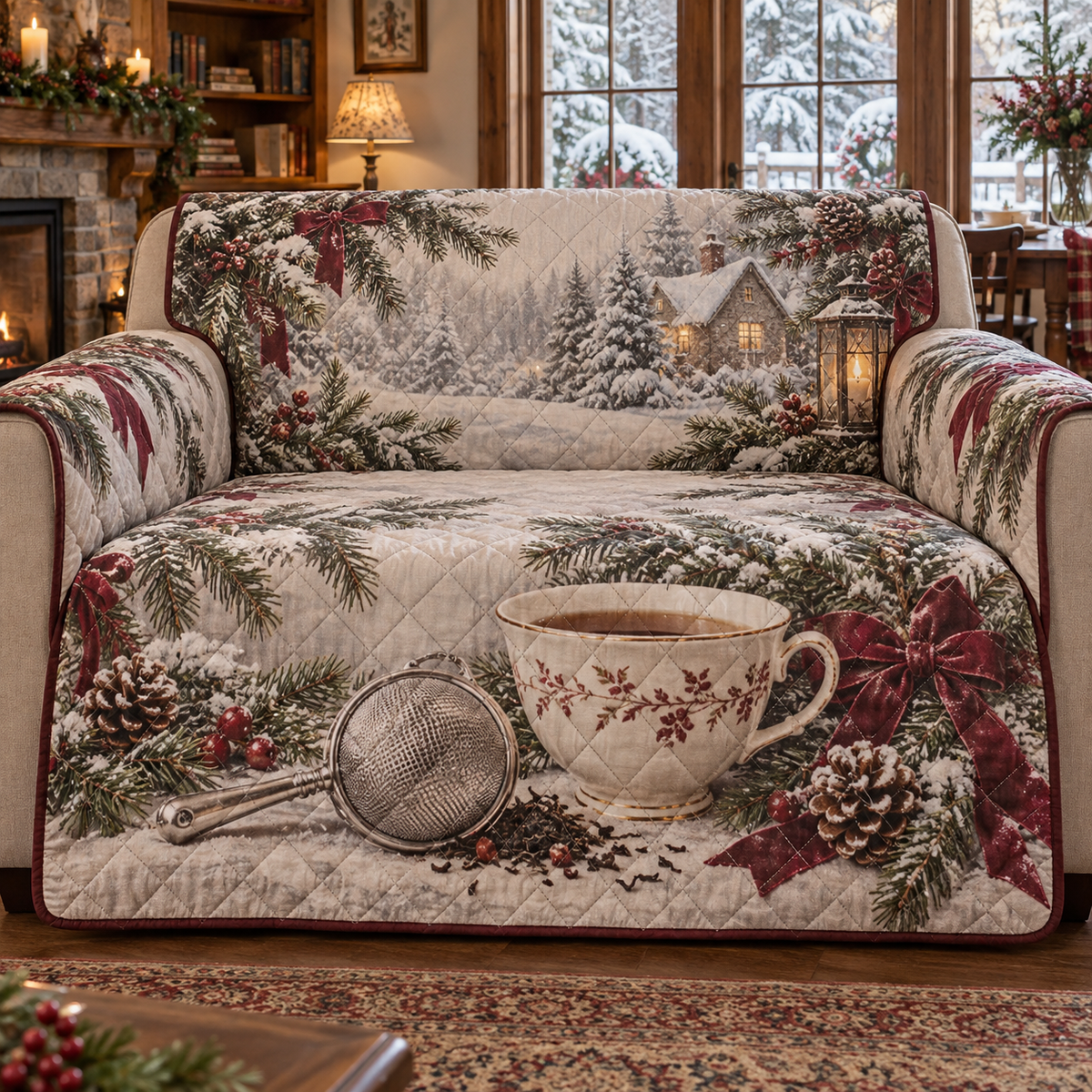 Holiday Tea Strainer Christmas Quilted Sofa Cover — digital product visualization