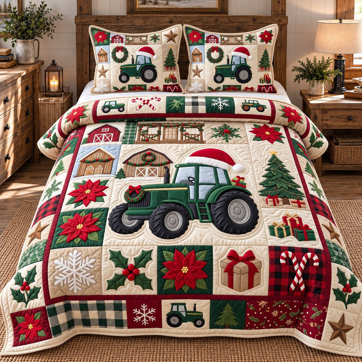 Holiday Tractor Patchwork quilted 3-piece bedding set on a made bed in a winter-styled bedroom