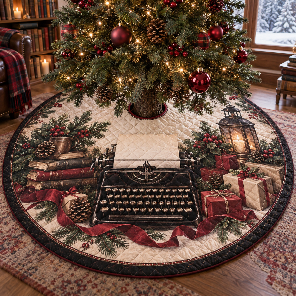 Holiday Typewriter Quilted Christmas Tree Skirt — digital product visualization