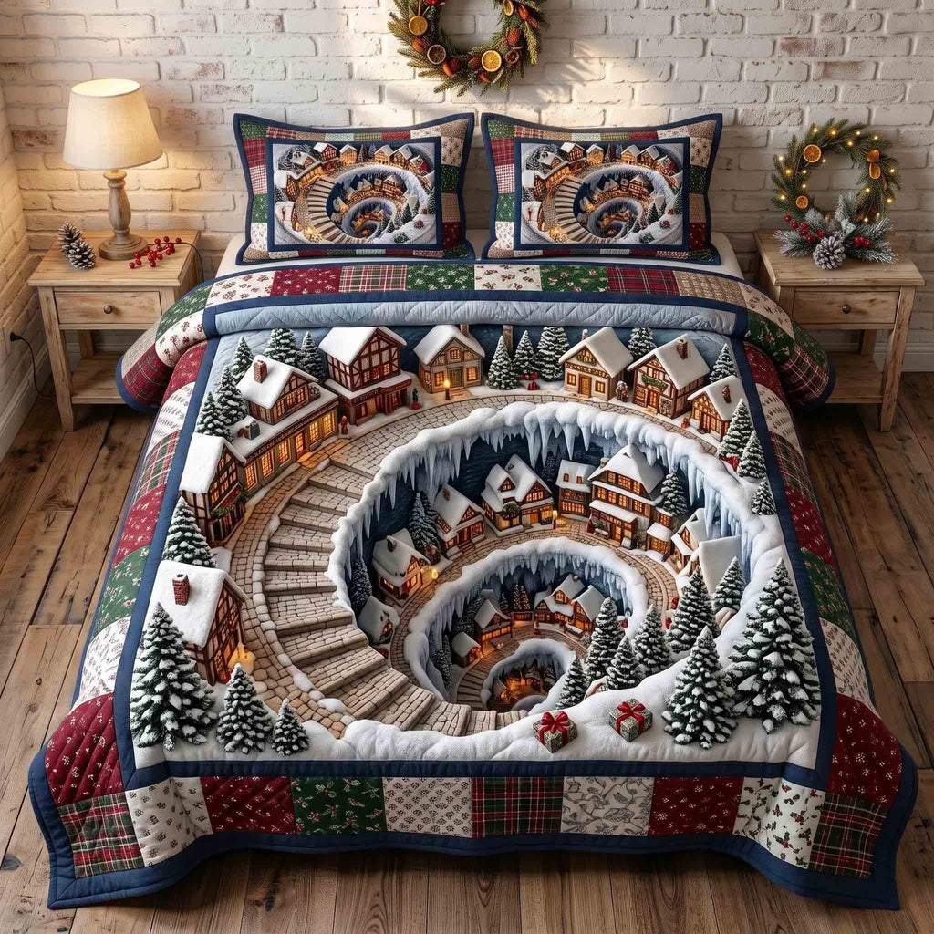 Holiday Village Stairs quilted 3-piece bedding set on a made bed in a winter-styled bedroom