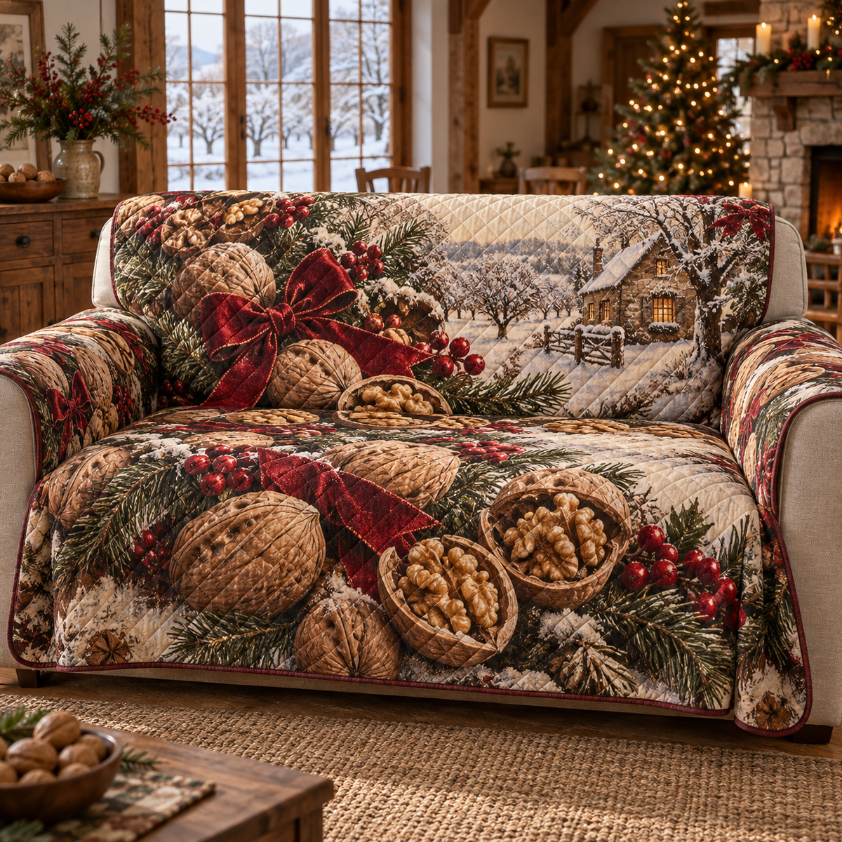 Holiday Walnut Christmas Quilted Sofa Cover — digital product visualization