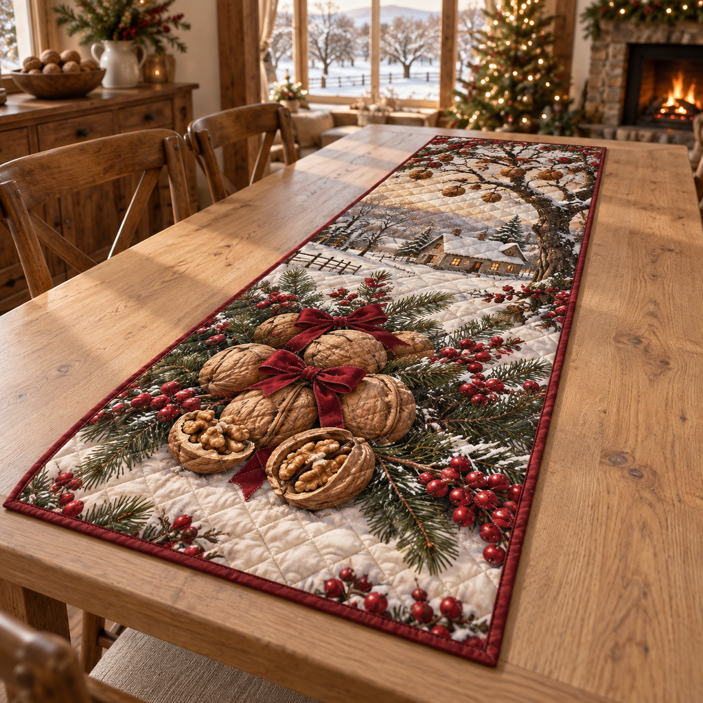 Holiday Walnut Christmas Quilted Table Runner — digital product visualization