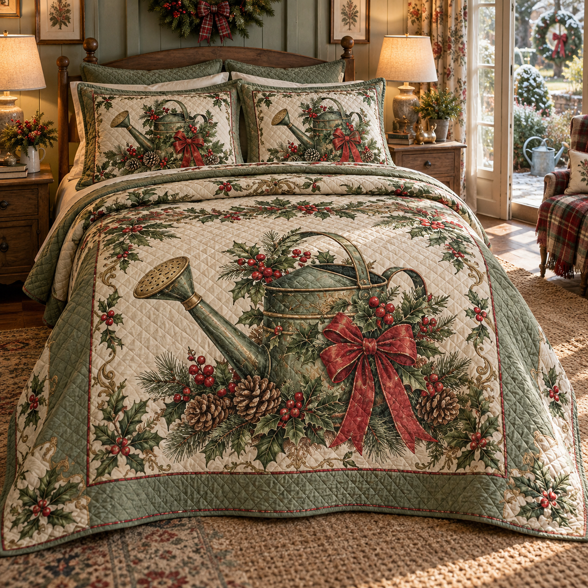 Holiday Watering Can Christmas 3-Piece Quilted Bedding Set — digital product visualization