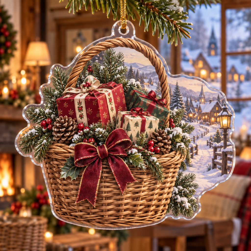 Holiday Wicker Basket Acrylic Christmas Ornament — digital product visualization