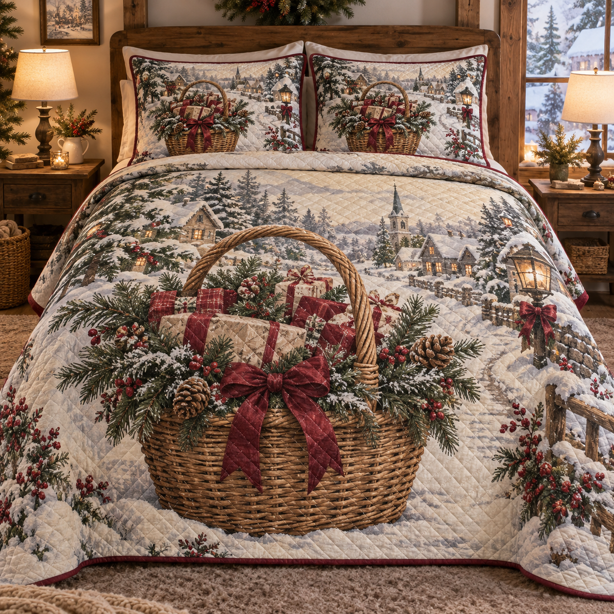 Holiday Wicker Basket Christmas 3-Piece Quilted Bedding Set — digital product visualization
