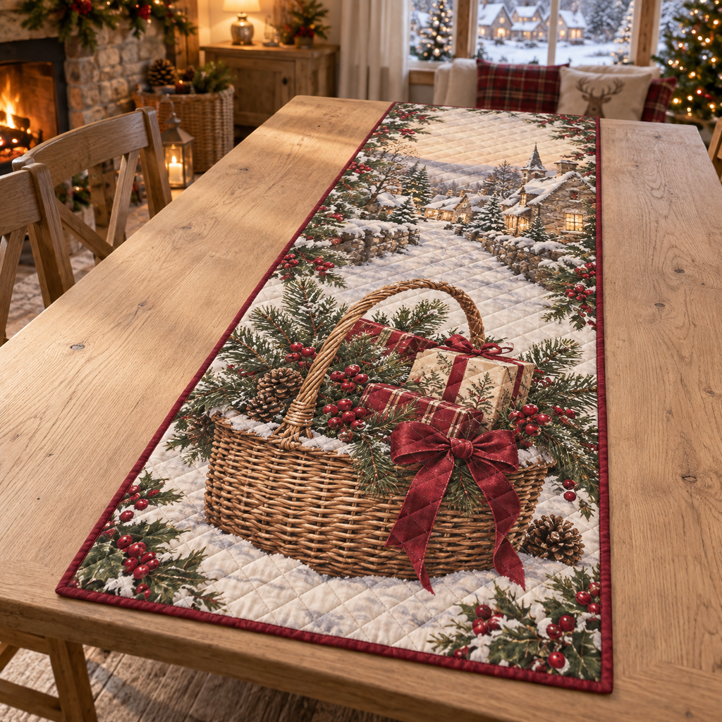 Holiday Wicker Basket Christmas Quilted Table Runner — digital product visualization
