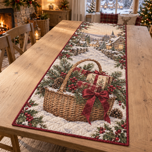 Holiday Wicker Basket Christmas Quilted Table Runner