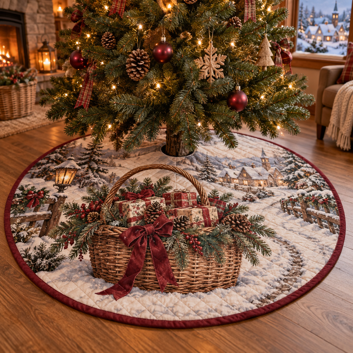 Holiday Wicker Basket Quilted Christmas Tree Skirt — digital product visualization