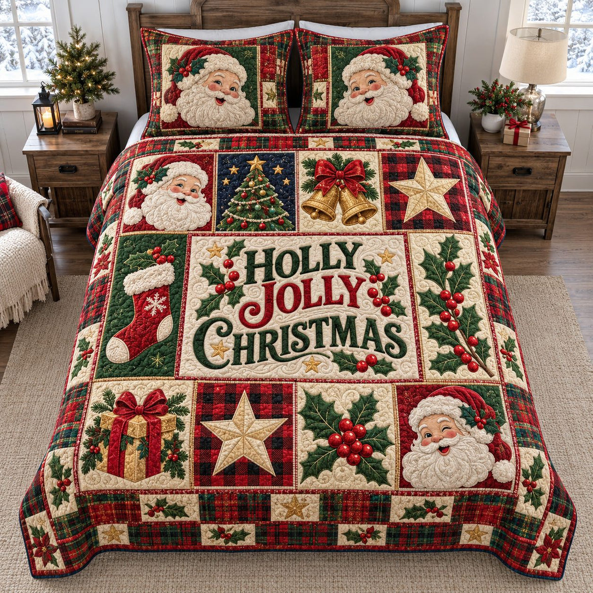 Holly Jolly Santa quilted 3-piece bedding set on a made bed in a winter-styled bedroom