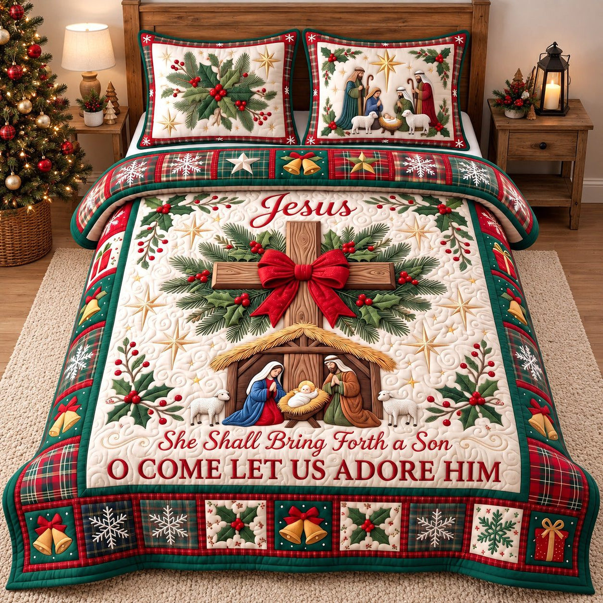 Holy Cross Nativity quilted 3-piece bedding set on a made bed in a winter-styled bedroom