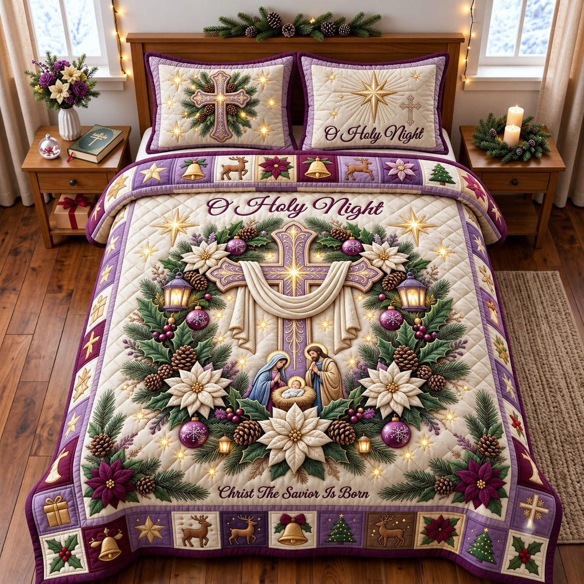 Holy Cross quilted 3-piece bedding set on a made bed in a softly lit bedroom
