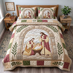 Holy Family Arch quilted 3-piece bedding set on a made bed in a softly lit bedroom