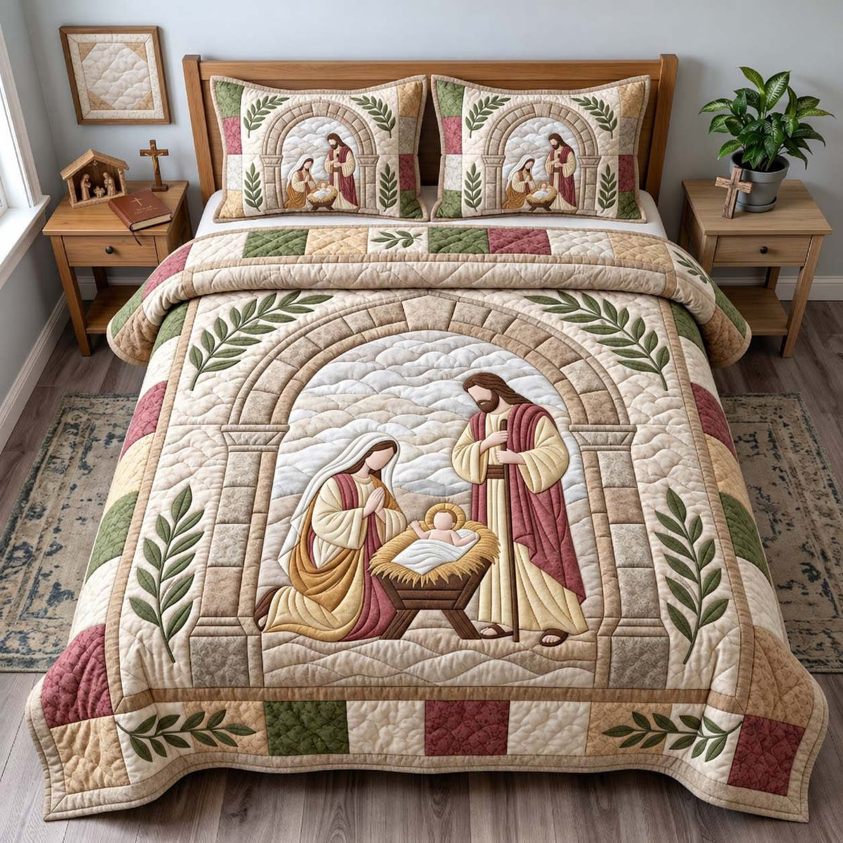 Holy Family Arch quilted 3-piece bedding set on a made bed in a softly lit bedroom