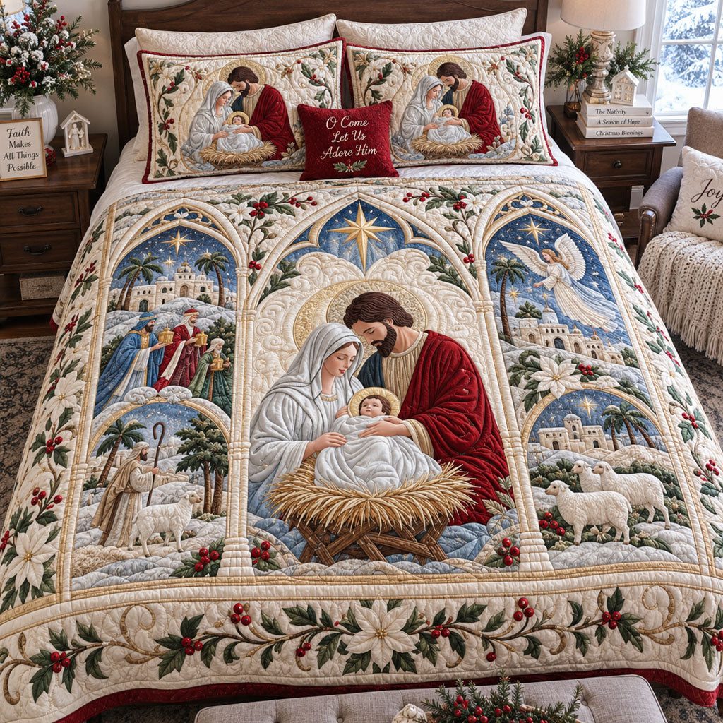 Holy Family Christmas quilted 3-piece bedding set on a made bed in a winter-styled bedroom