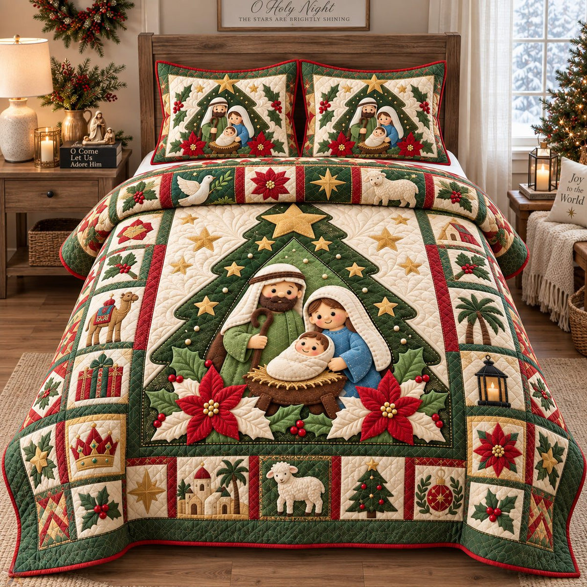 Holy Family Christmas Tree quilted 3-piece bedding set on a made bed in a winter-styled bedroom