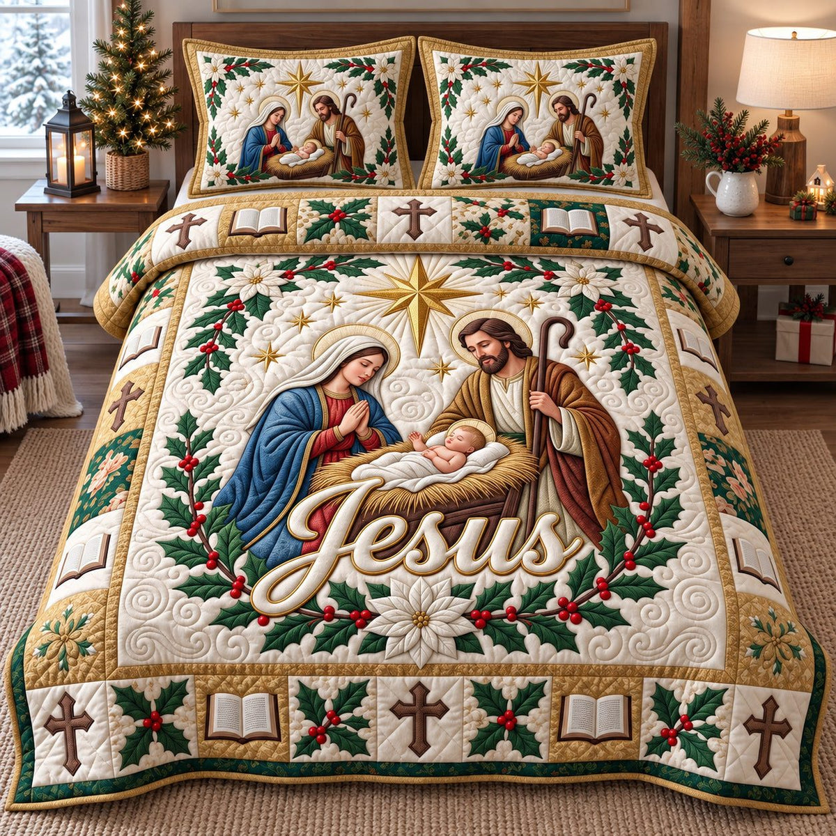 Holy Family quilted 3-piece bedding set on a made bed in a softly lit bedroom