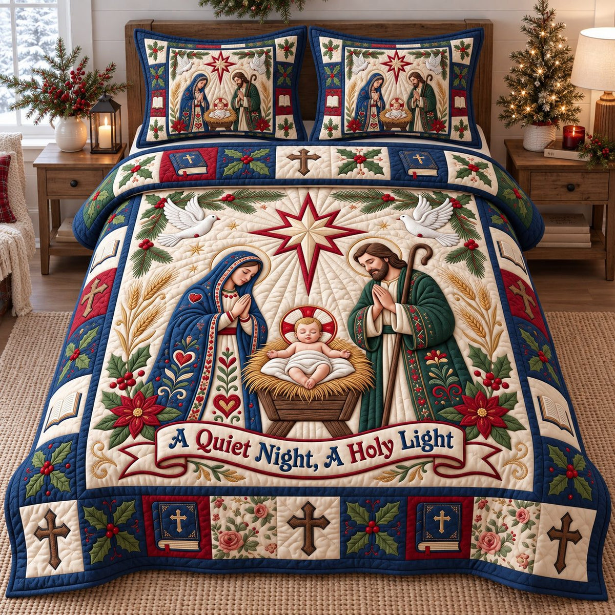 Holy Light Nativity quilted 3-piece bedding set on a made bed in a winter-styled bedroom