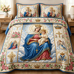 Holy Mother Child Blue 3-Piece Quilted Bedding Set