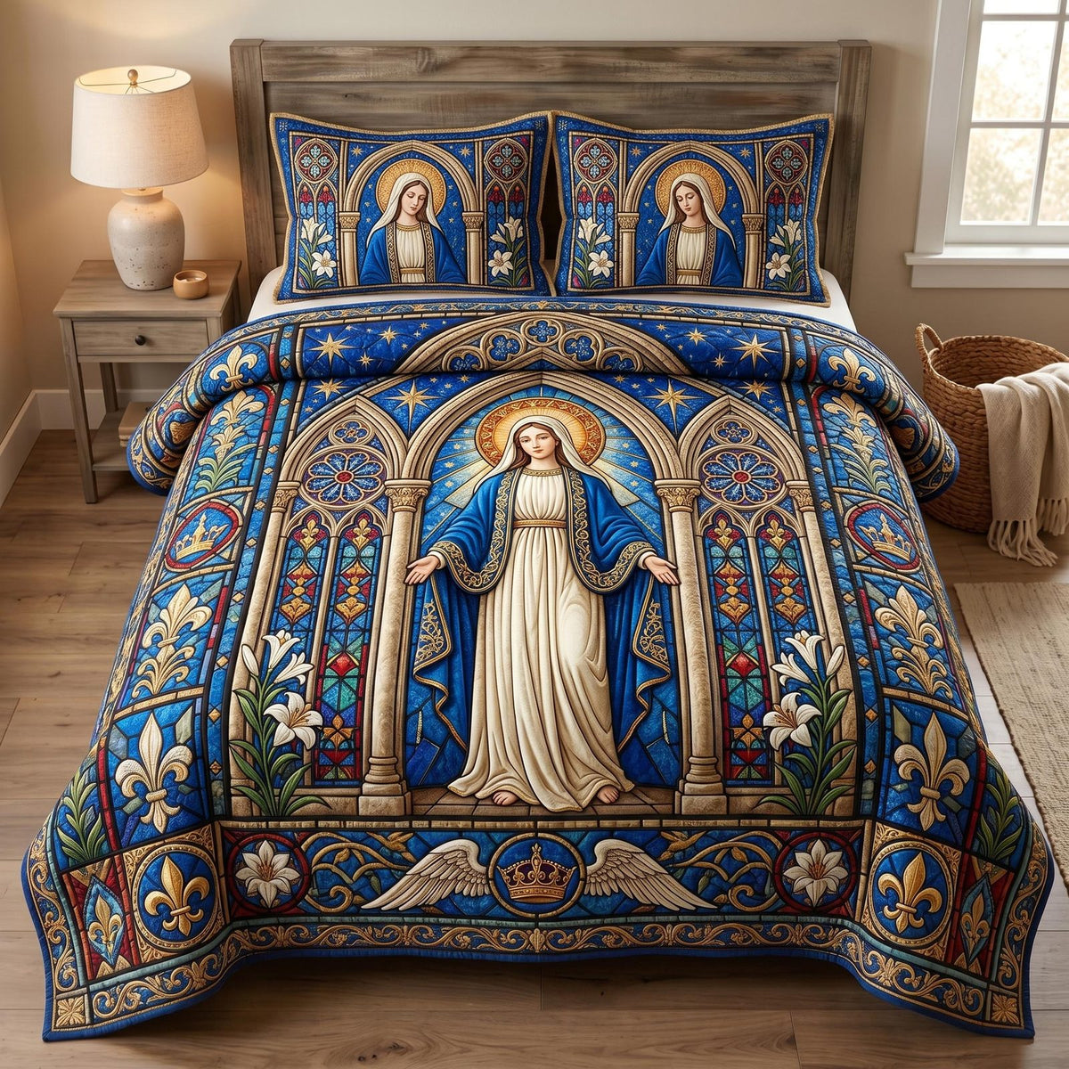 Holy Mother Stained Glass quilted 3-piece bedding set on a made bed in a softly lit bedroom