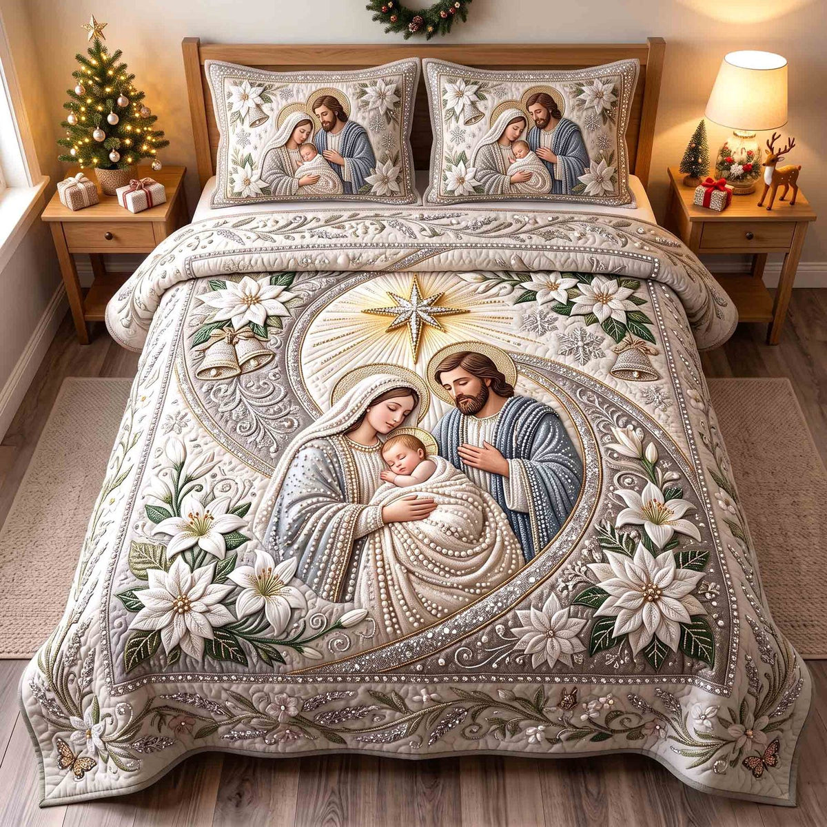 Holy Nativity Cream Star quilted 3-piece bedding set on a made bed in a winter-styled bedroom