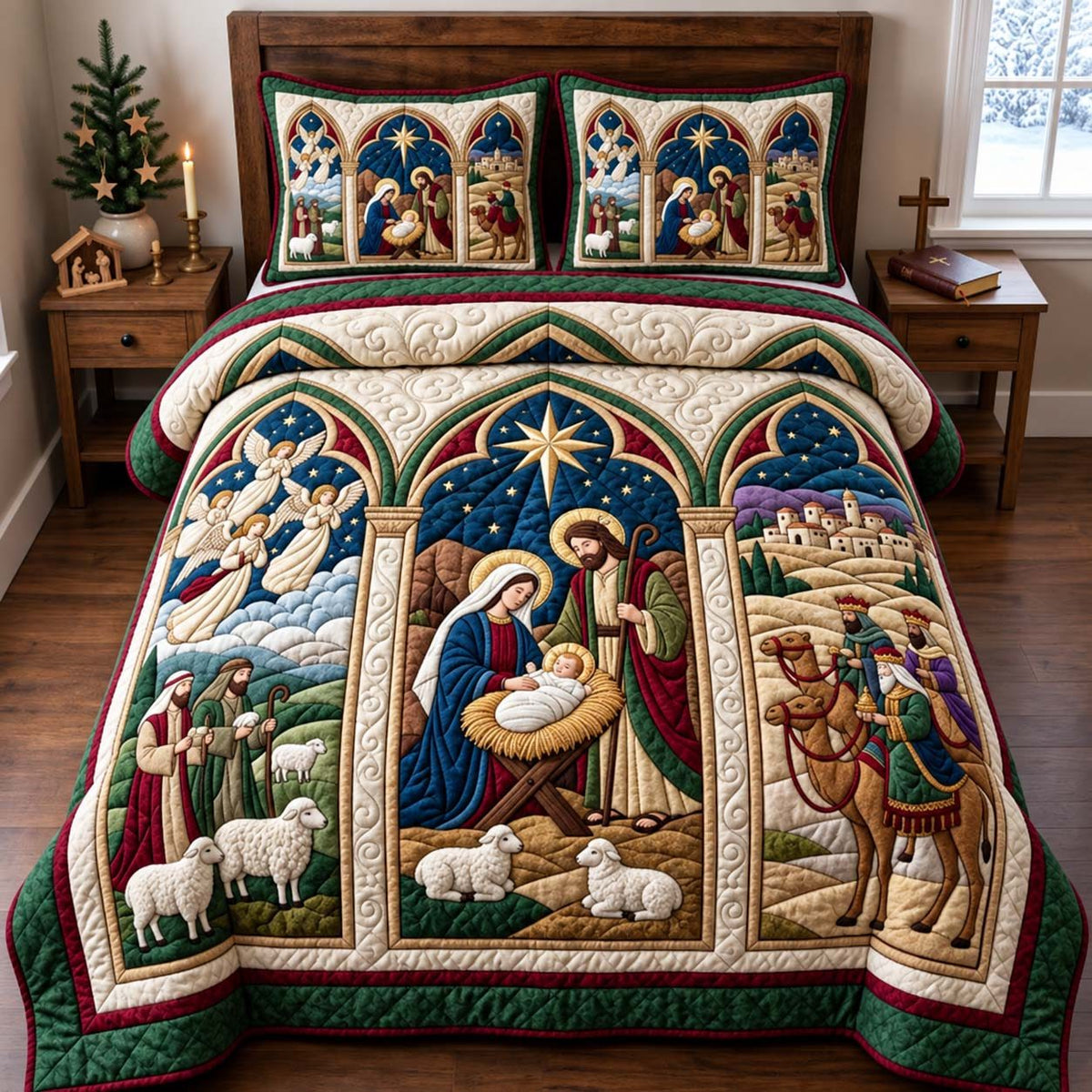 Holy Nativity Window quilted 3-piece bedding set on a made bed in a winter-styled bedroom