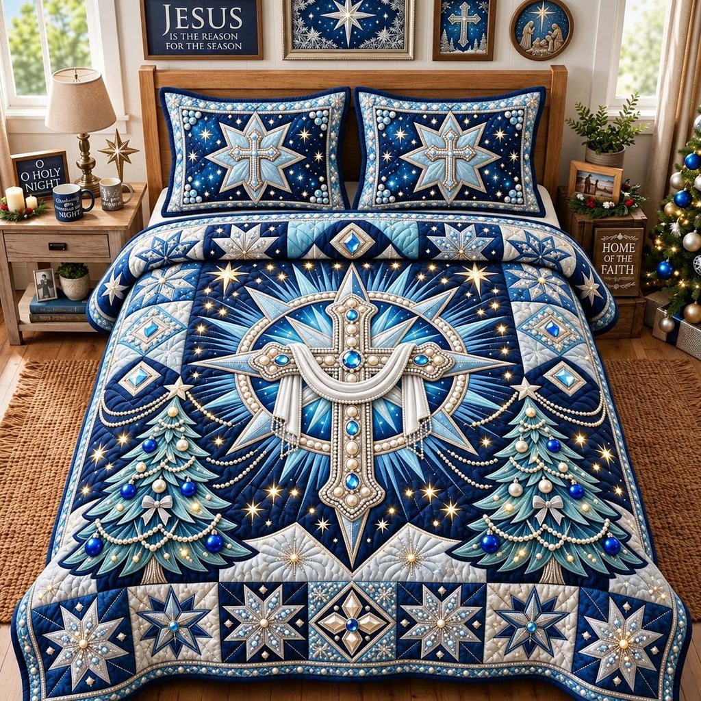 Holy Night Crystal Cross quilted 3-piece bedding set on a made bed in a softly lit bedroom
