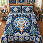 Holy Night Crystal Cross quilted 3-piece bedding set on a made bed in a softly lit bedroom