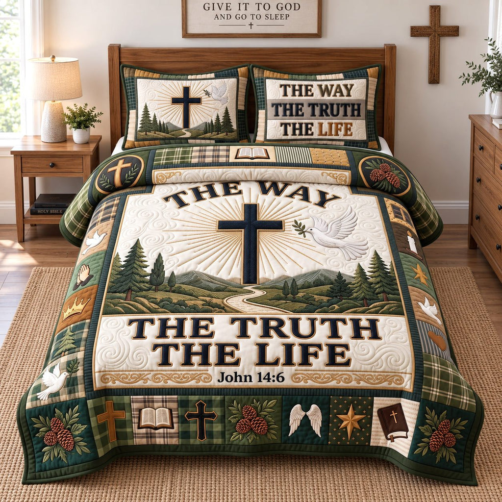 Holy Path Truth quilted 3-piece bedding set on a made bed in a softly lit bedroom